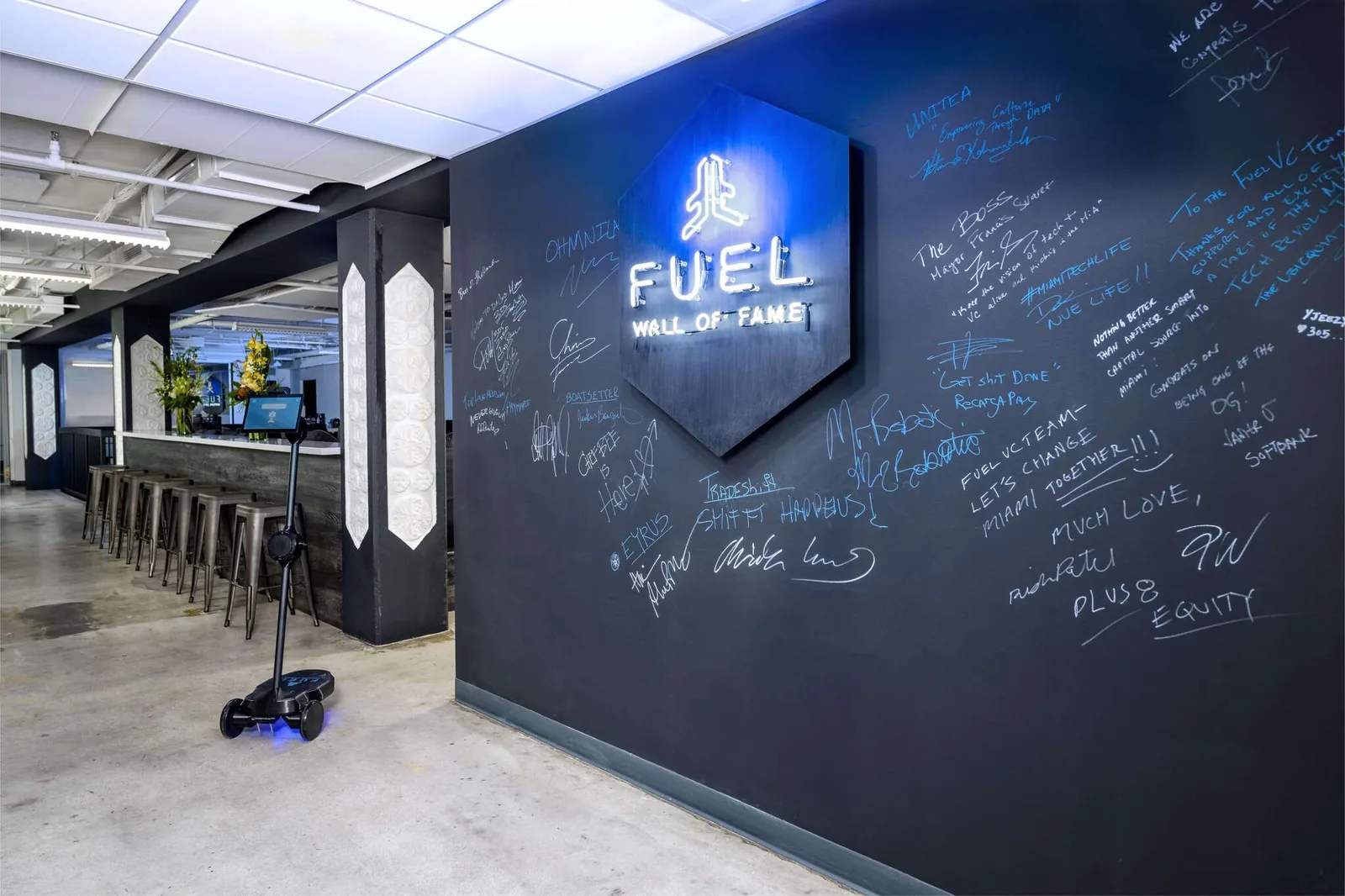Fuel Venture Capital's Miami headquarters - the Fuel Wall of Fame, signed by portfolio founders
